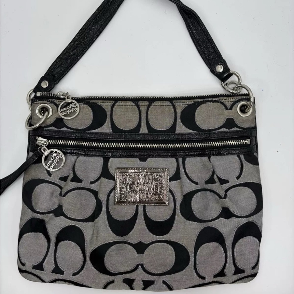 Coach Poppy Glam Black Gray Signature Jacquard Tote Shoulder Bag Silver
